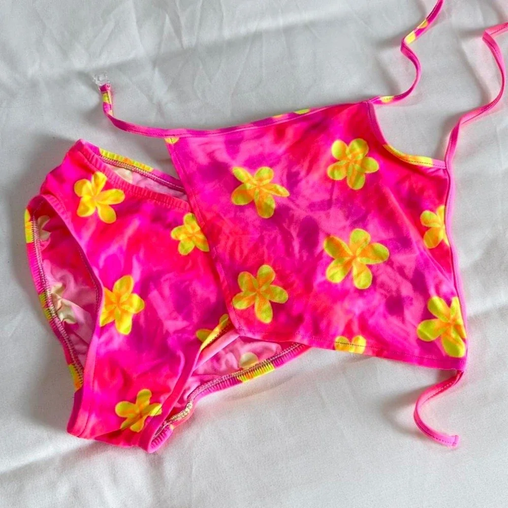 Y2K pink flower two piece bikini set girls‎ size 8